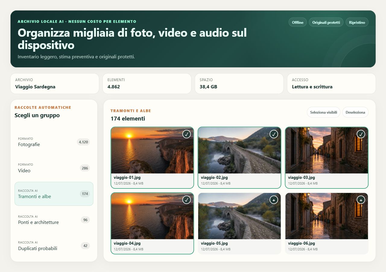 Raccolte del prototipo organizzate per soggetto, con fotografie di viaggi e paesaggi